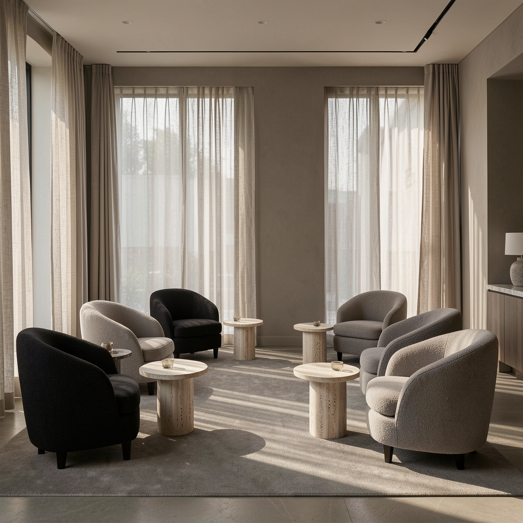 Lounge de hotel com poltronas estofadas à medida